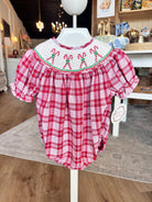 Smocked Red Plaid Girl Bubble with Candy Cane 