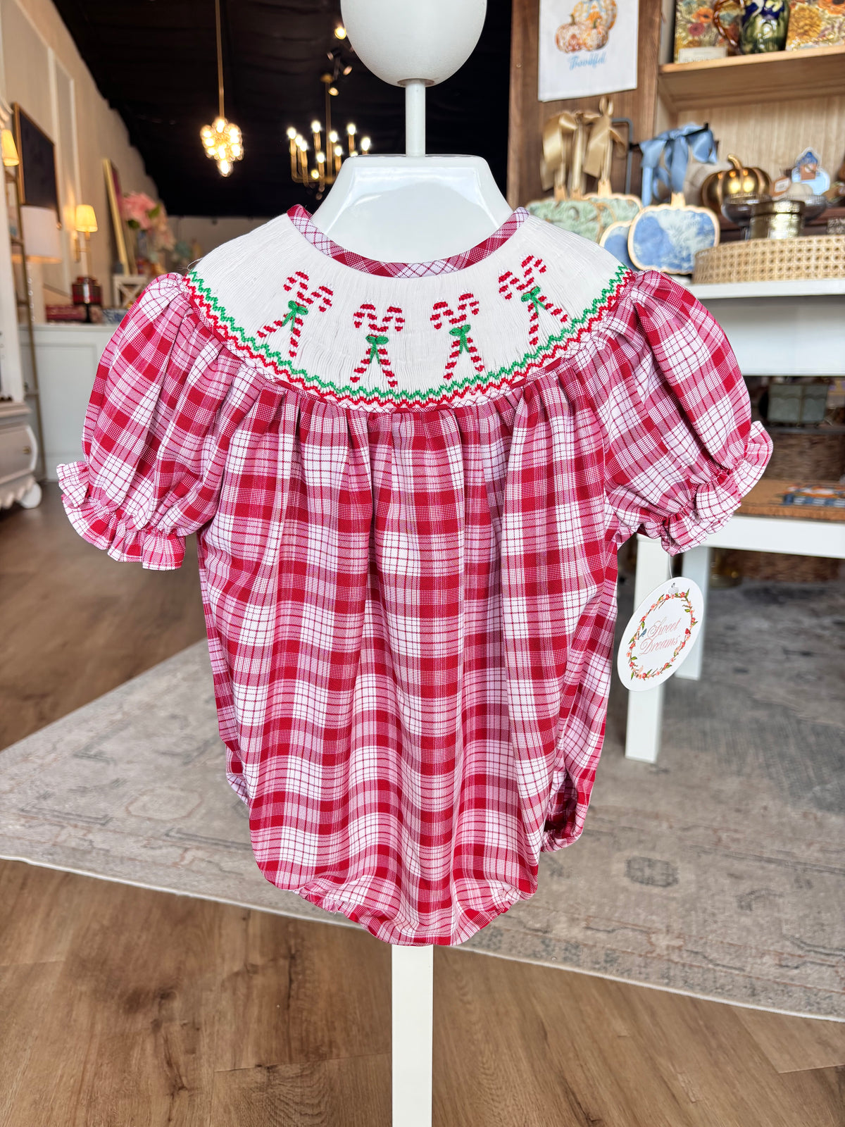 Smocked Red Plaid Girl Bubble with Candy Cane 