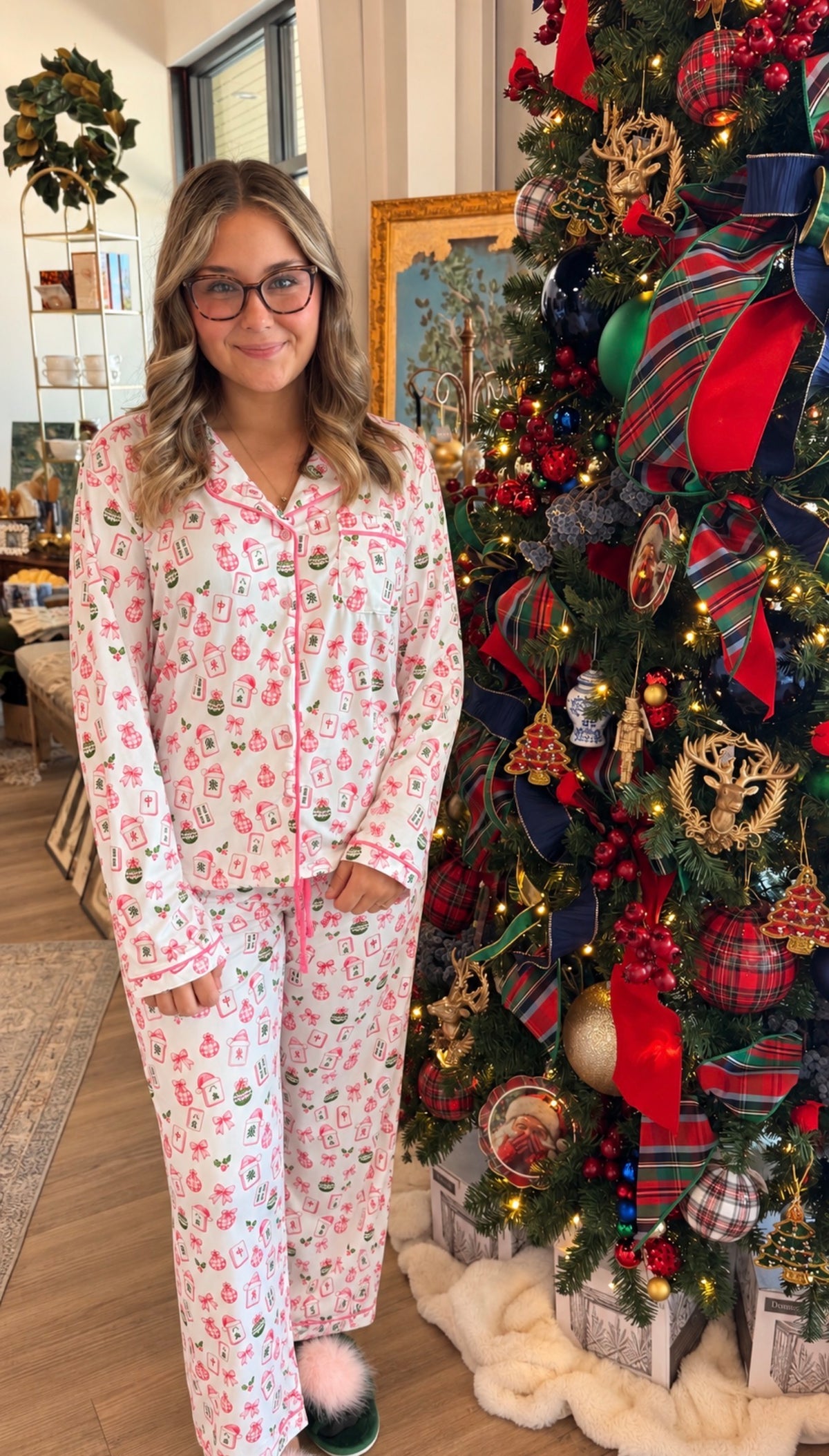 Pink Mahjong Christmas Pajama Set