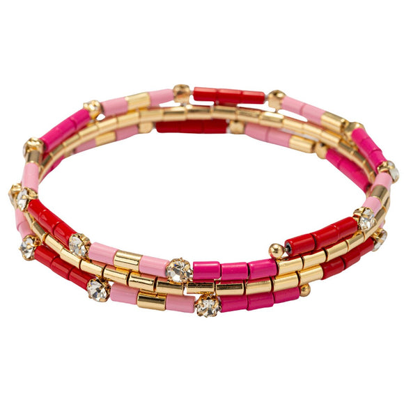 Red, Light Pink, Hot Pink Coil Wrap Bracelet with Clear Crystal Accents