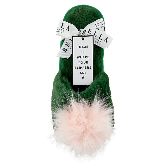 Plush Slippers - Green With Blush Pom Pom