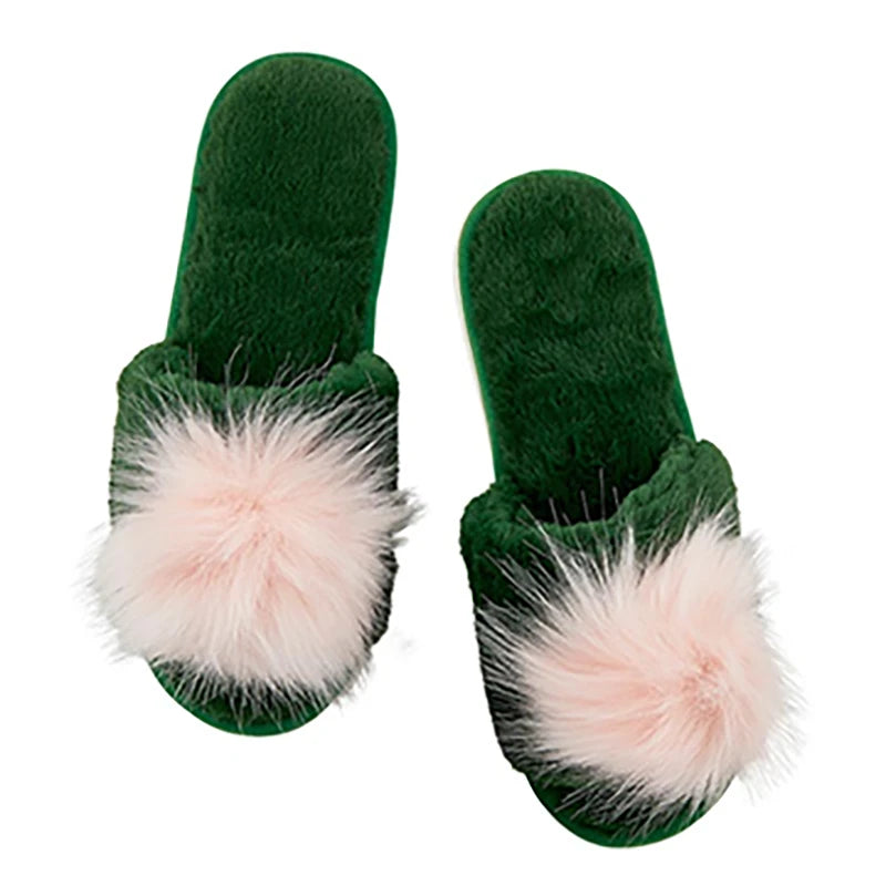 Green + Blush Pom Pom Slippers
