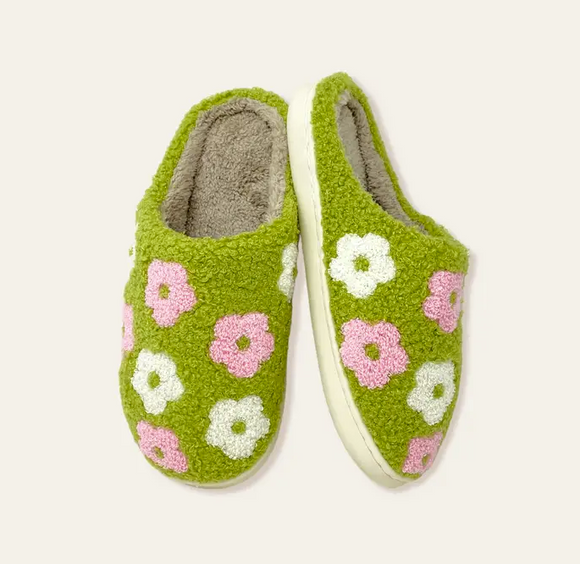 Green Flower Fuzzy Slippers
