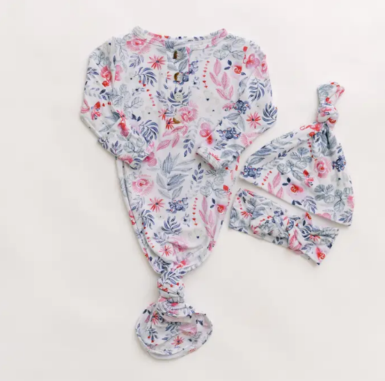 Floral Printed Knotted Baby Gown Hat & Headband Set