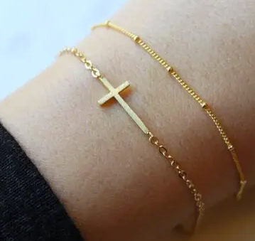 Dainty Bracelet Set Gold Sideways Cross