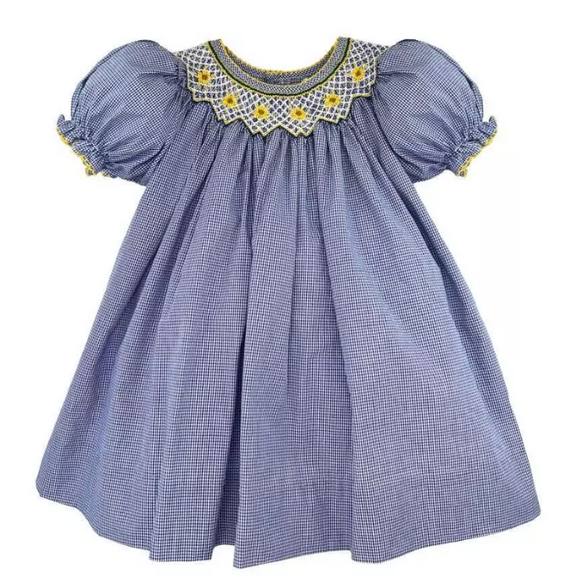 Navy Yellow Sunflower Smocked Bishop Dress