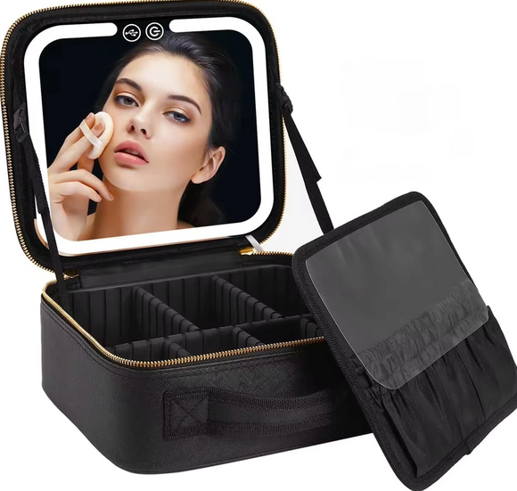 Makeup Bag with Led Mirror Cosmetic Travel Case - Black