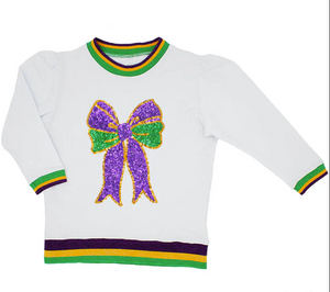 Sequin Bow white Holly Sweatshirt Mardi Gras