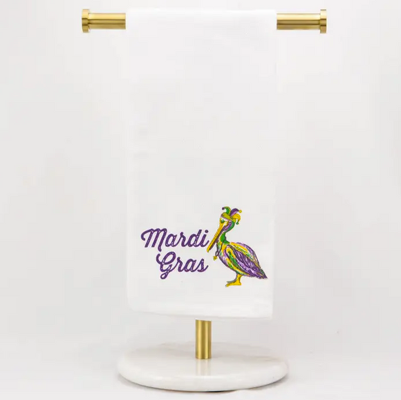 Mardi Gras Pelican Hand Towel White