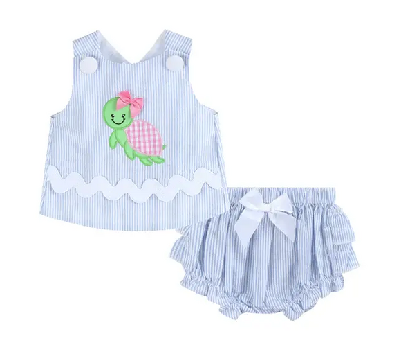 Light Blue Seersucker Turtle Top & Bloomer Set