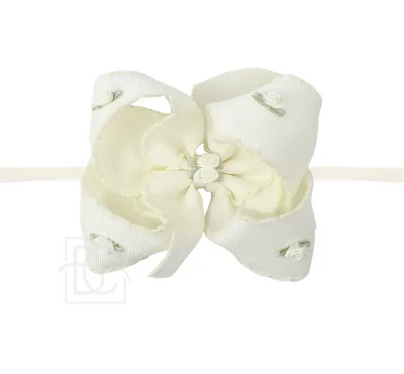 Flower Embellished Crochet Edge Bow - Antique White