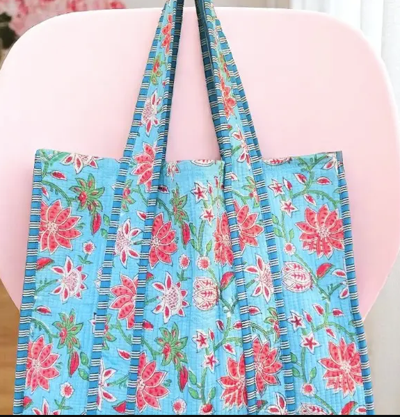  blue, pink, and white floral tote 