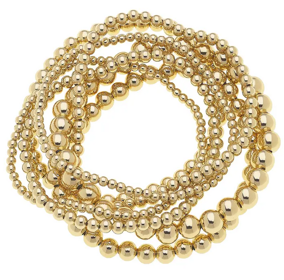 Ball Bead Stretch Bracelet Set (7) in Shiny Gold