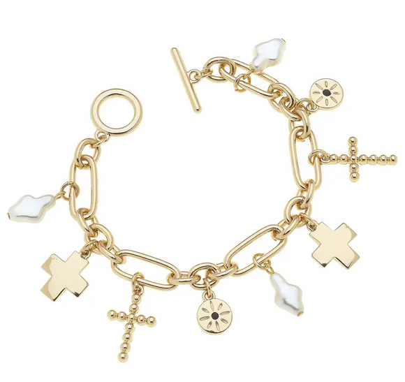 Abigail Multi Cross Charm Bracelet in Shiny Gold