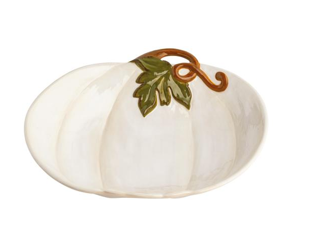 White ceramic pumpkin serving dish with a green leaf 