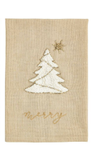 Beige fabric with embroidered white Christmas tree and gold 'merry' text tea towel