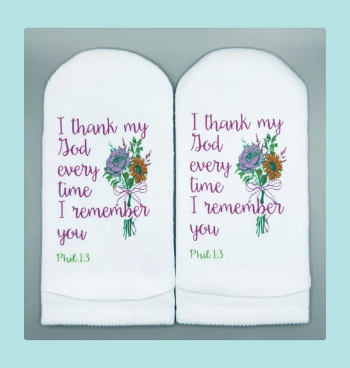 Standing on the Word no show socks with floral designs and Bible verse Phil 1.3