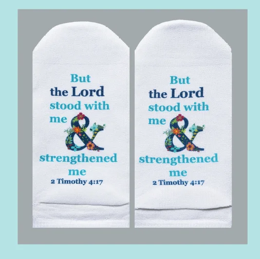 Standing on the Word no show socks  inspirational text and design, 2 Timothy 4:17