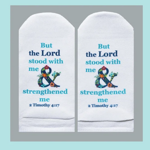 Standing on the Word no show socks  inspirational text and design, 2 Timothy 4:17