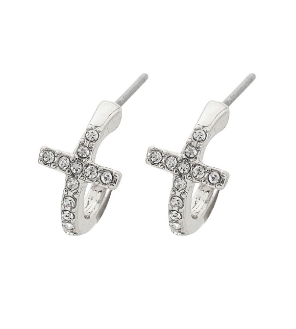 Silver hoop earrings with a cross and crystal embellishments 