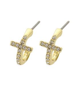 Gold hoop earrings with a cross and clear gemstones 