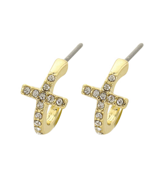 Gold hoop earrings with a cross and clear gemstones 