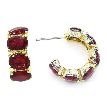 Gold hoop earrings with red gemstones 