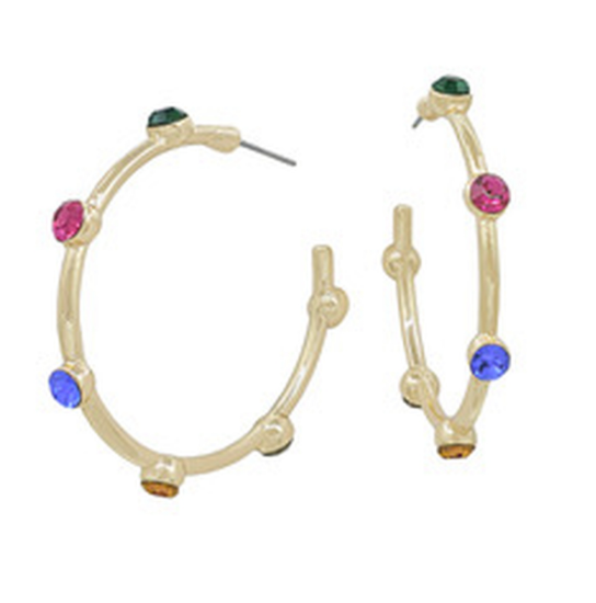 Gold hoop earrings with colorful gemstones 