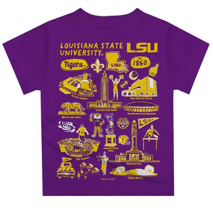 Purple t-shirt with yellow graphics and text of Louisiana State University 