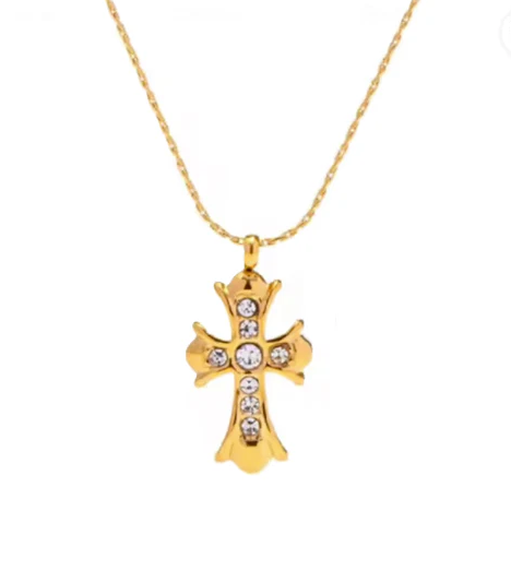 Gold cross necklace with embedded stones 