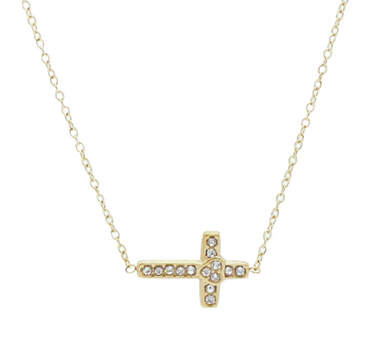 Gold sideways cross necklace with small diamonds 