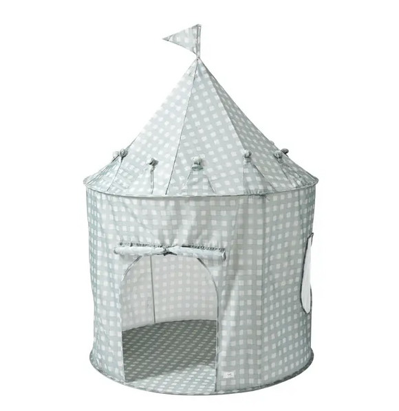 Children's play tent with a blue gingham pattern