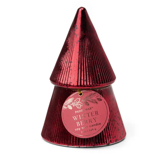 Paddywax Winter Berry Red Ribbed Mercury Glass Stacked Tree Candle w/Lid