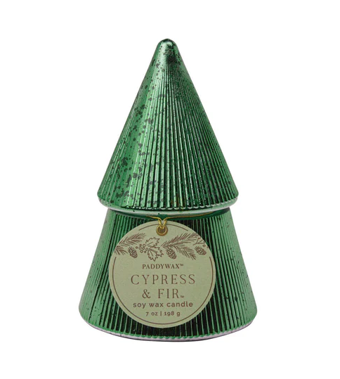 Paddywax Cypress & Fir Green Ribbed Mercury Glass Stacked Tree Candle w/Lid