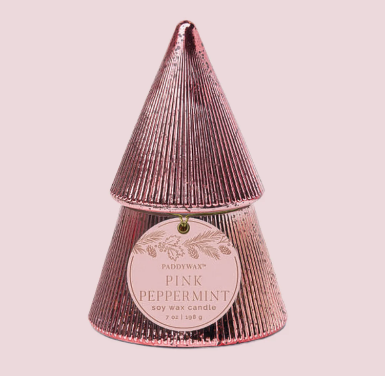 Paddywax Pink Peppermint Pink Ribbed Mercury Glass Stacked Tree Candle w/Lid