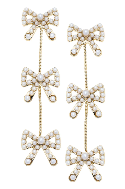 Dawn Pearl Studded Bow Linked Earrings in Ivory