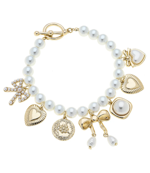 Antoinette Pearl Beaded Multi Charm Toggle Bracelet in Ivory