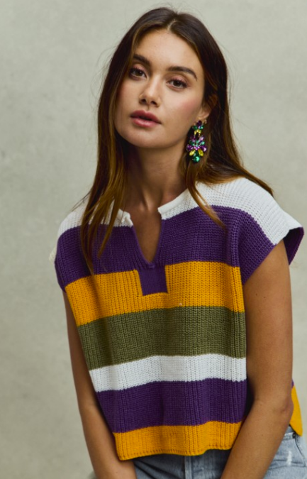 Mardi Gras Color Stripe Dolman Sweater Top
