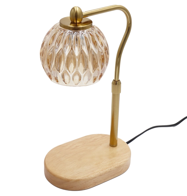 Candle Warmer Lamp - Crystal Glass & Wood Base - Gold