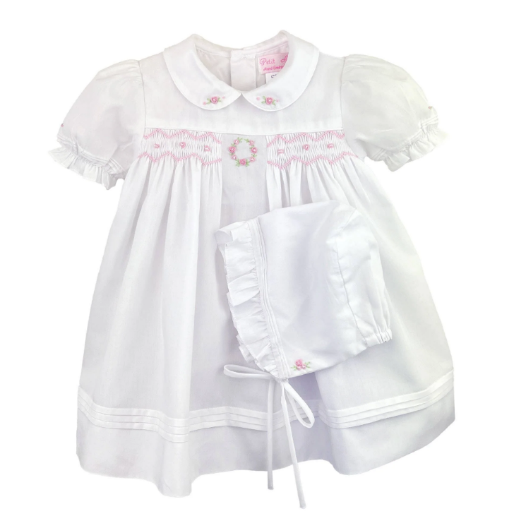 White and Pink Flower Embroidered Smocked Dress 