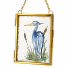 Blue Heron Watercolor Art in Double Glass Gold Hanging Frame