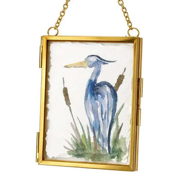 Blue Heron Watercolor Art in Double Glass Gold Hanging Frame