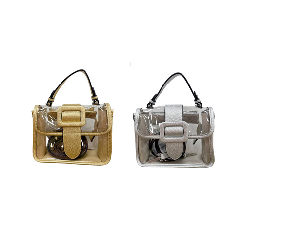 Clear handbag with beige and gray straps 