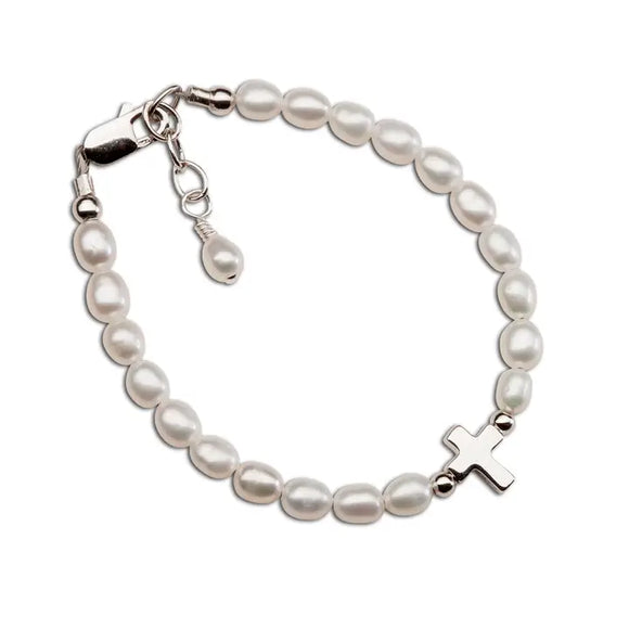 Amelia Girls Sterling Silver Pearl and Cross Baby Bracelet