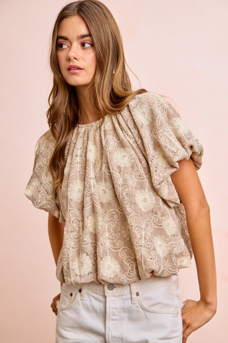Flower Embroidered Shirred Neckline Bubble Hem Top