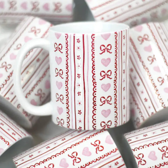 Ceramic Pink Red Coffee Mug with Bows & Hearts