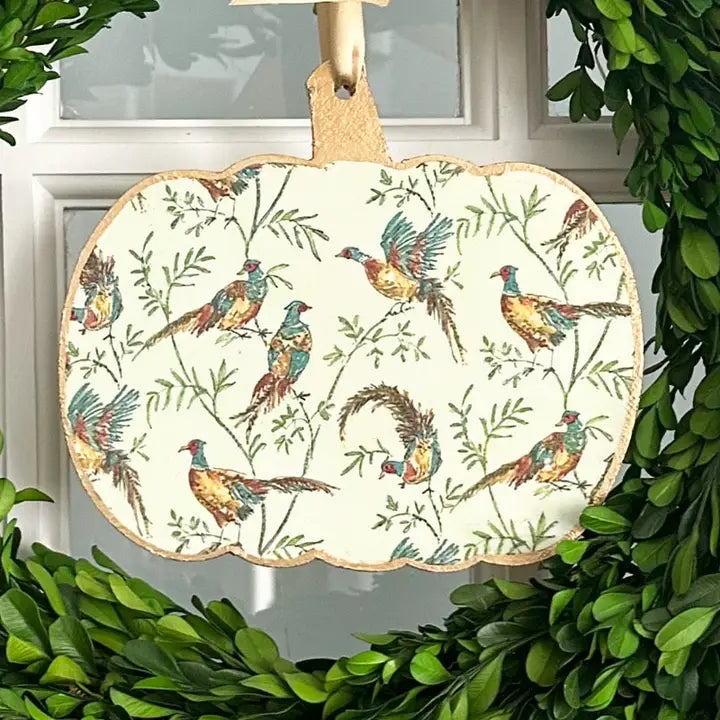 Handmade Pumpkin Door Hanger - Flying Pheasants 8”