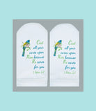 Standing on the Word no show socks with colorful parrot illustrations and Bible verse 1 Peter 5:7