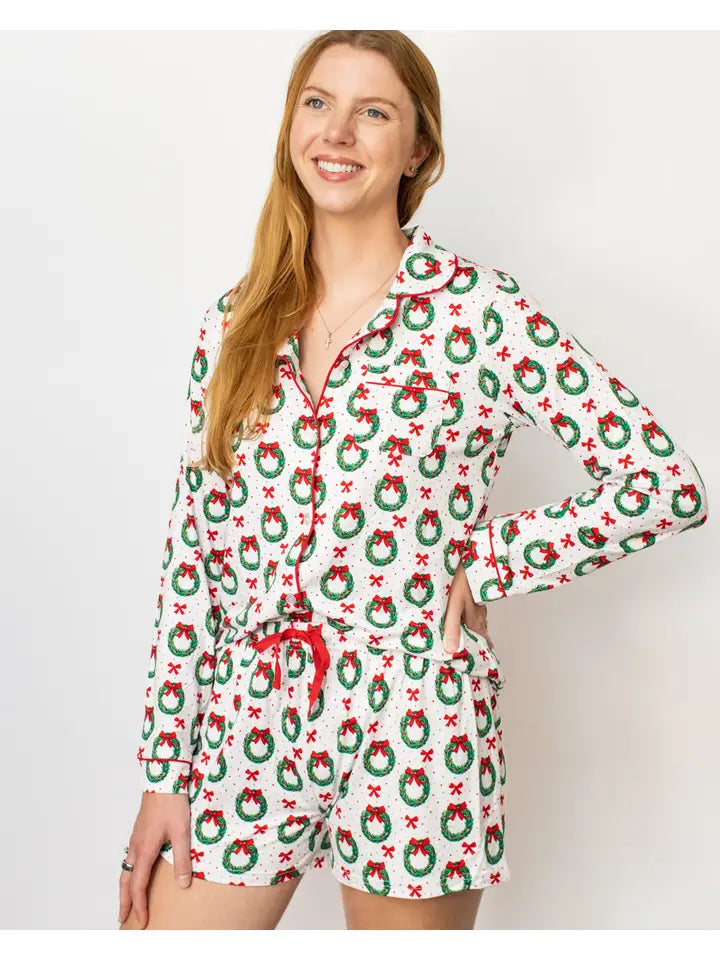 Clara Wreath Long Sleeve Button Up Sleep Shirt & Short Set