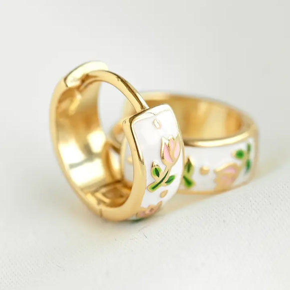 Gold Enamel Flower Hoop Earrings-Vintage Style Silver Hoops
